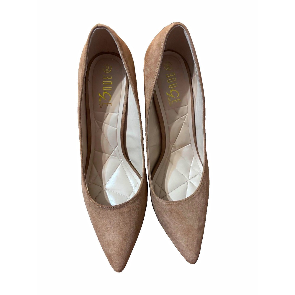 ROUGE Women's Beige Suede Pointed Toe Stiletto Slip-On Pumps US 9